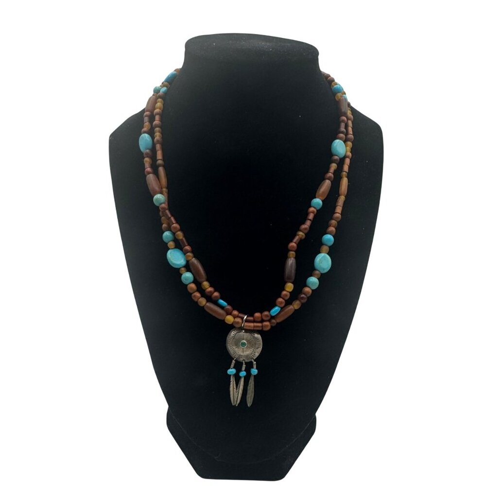 Multi-Layered Wooden & Turquoise Beaded Necklace W/ Silver Tone Pendant